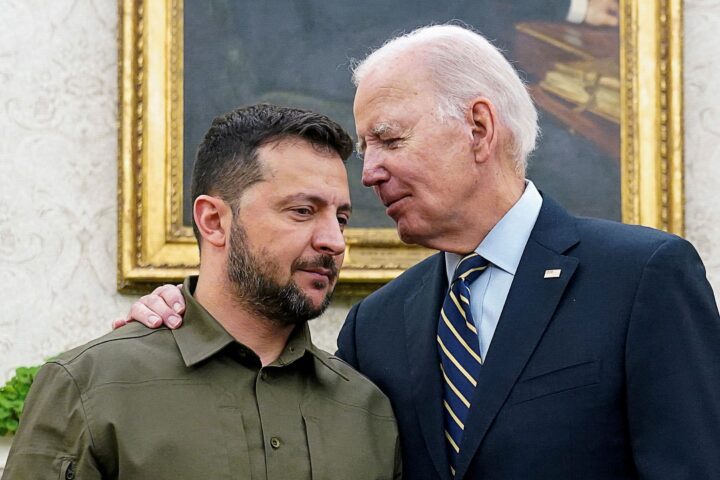 Ukrainian President Volodymyr Zelenskiy is embraced by US President Joe Biden in the Oval Office of the White House on September 21, 2023. Kevin Lamarque/Reuters