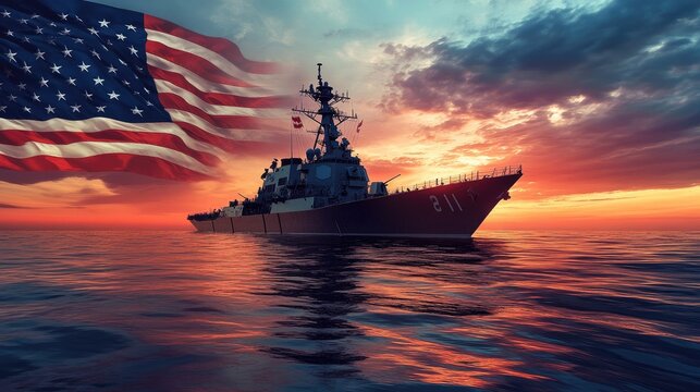 US Warship and a U.S. Flag