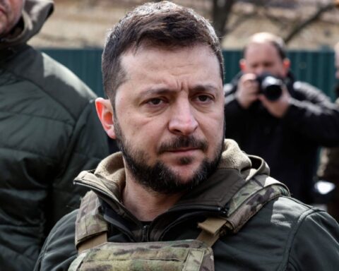 Ukrainian President Zelensky stands in the town of Bucha, on April 4, 2022. (RONALDO SCHEMIDT/AFP via Getty Images)