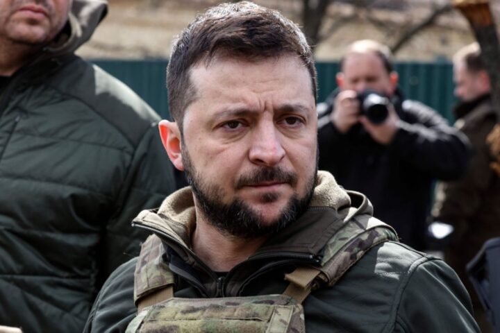 Ukrainian President Zelensky stands in the town of Bucha, on April 4, 2022. (RONALDO SCHEMIDT/AFP via Getty Images)