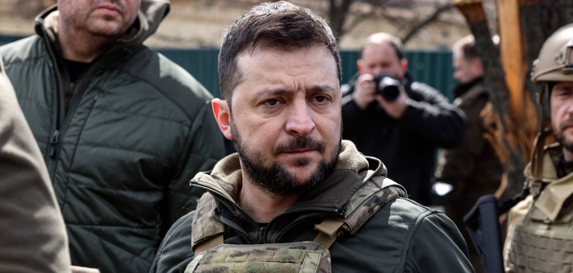 Ukrainian President Zelensky stands in the town of Bucha, on April 4, 2022. (RONALDO SCHEMIDT/AFP via Getty Images)