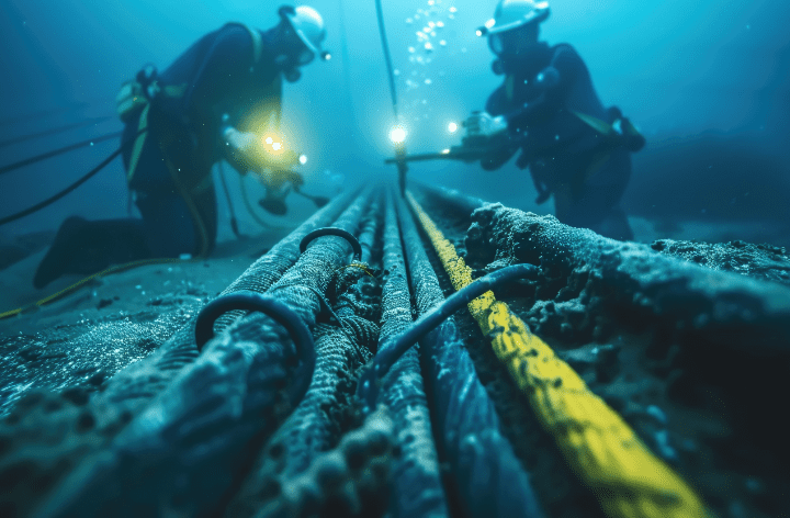 Two maritime agents inspecting cables in the sea