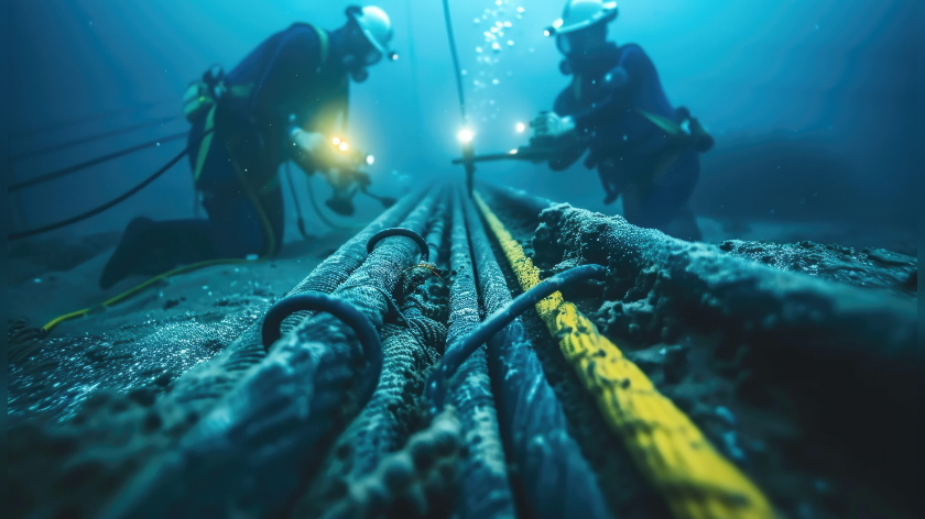 Two maritime agents inspecting cables in the sea